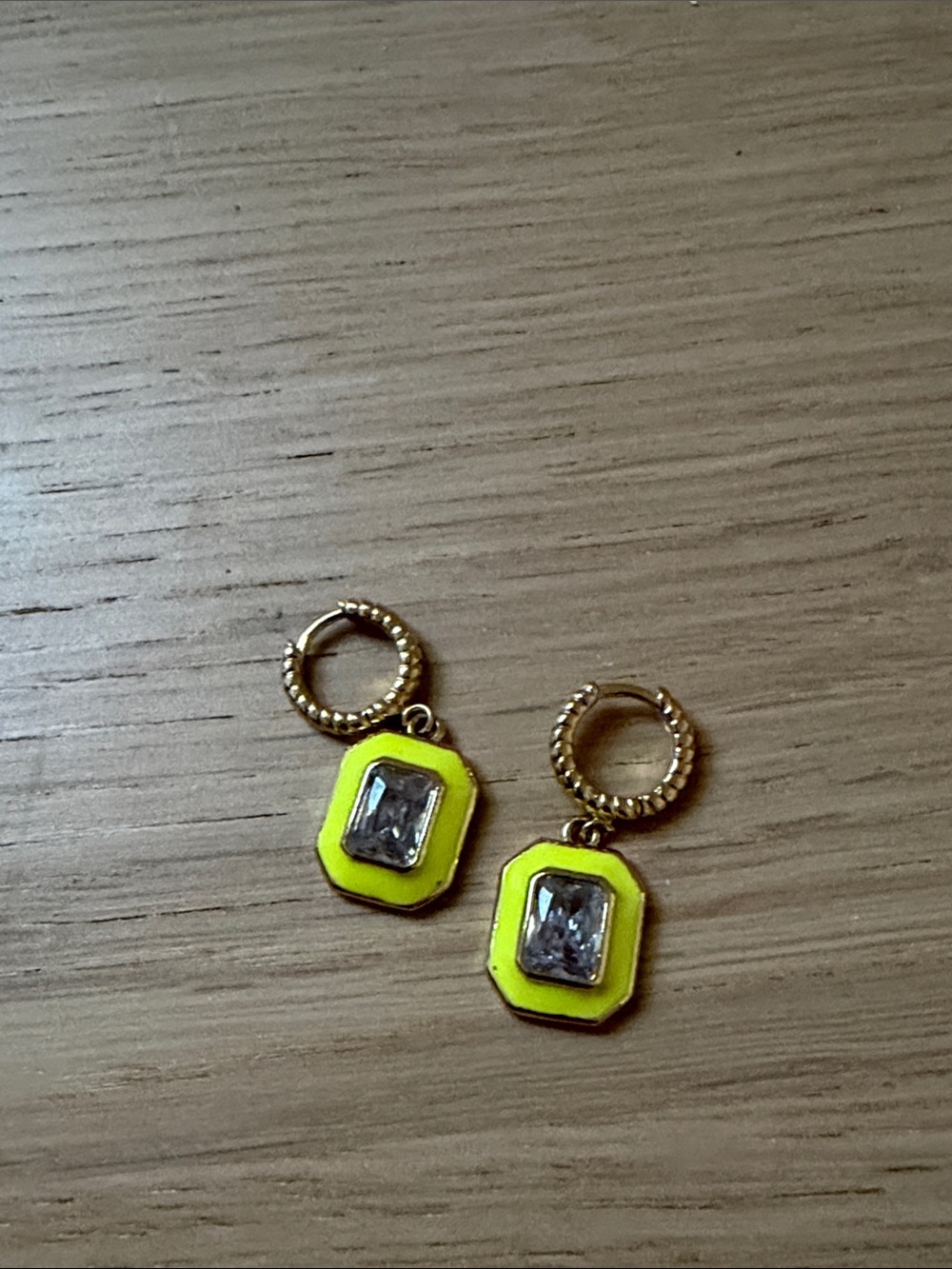 Gold Hoop Earrings with Neon Yellow Stone Accent